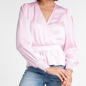 Express Satin Long Sleeve Faux Wrap Peplum Top